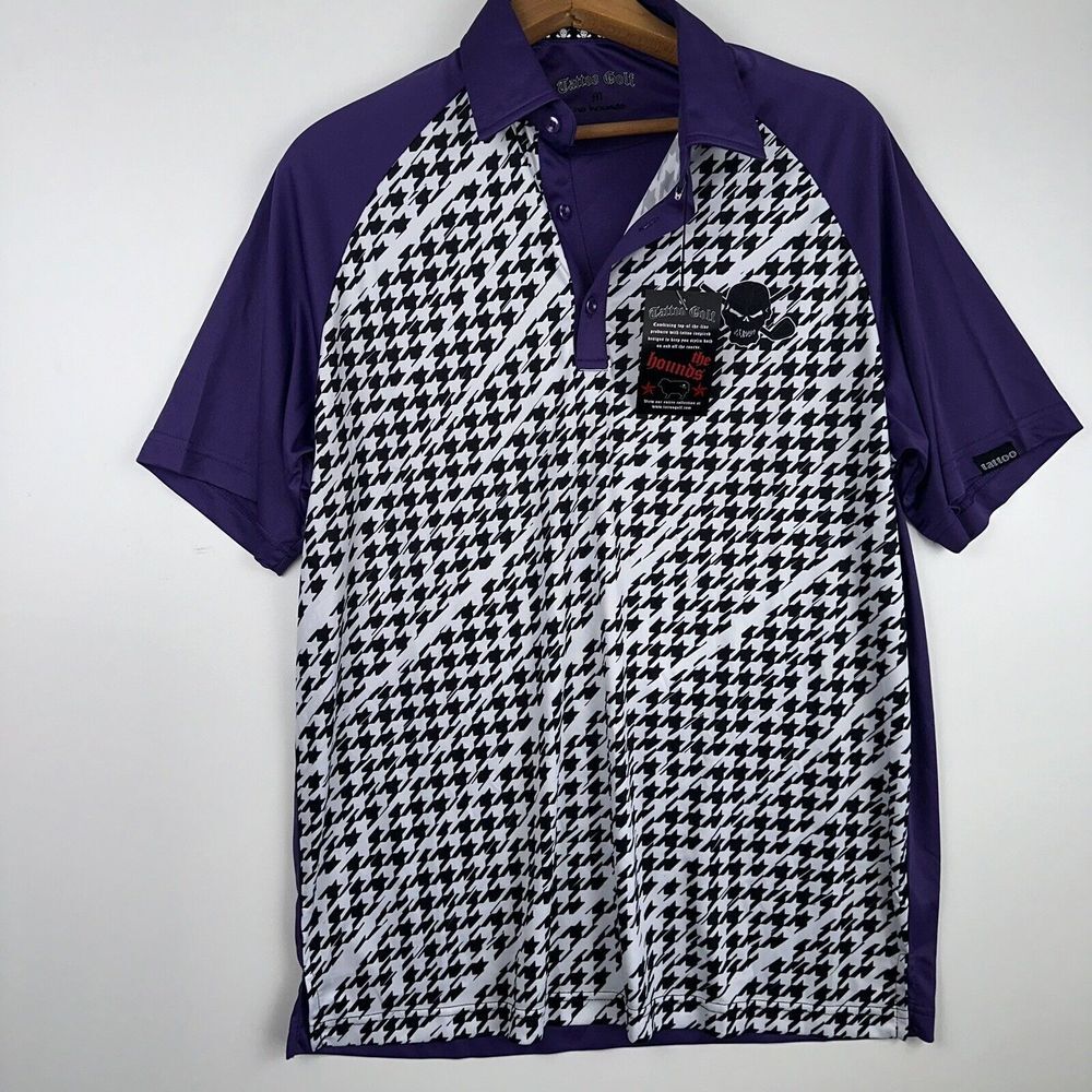 NWT Tattoo Golf Men's Houndstooth Stretch The Hounds Golf‎ Shirt Medium Purple